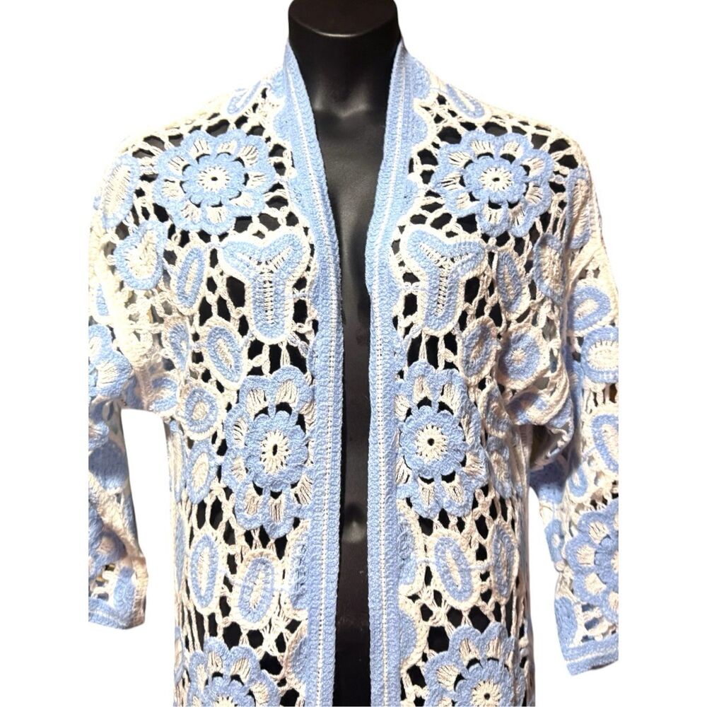 POL Blue Crochet Duster Cardigan Boho Kimono Open Knit Lace Patchwork Floral NEW - Picture 14 of 16